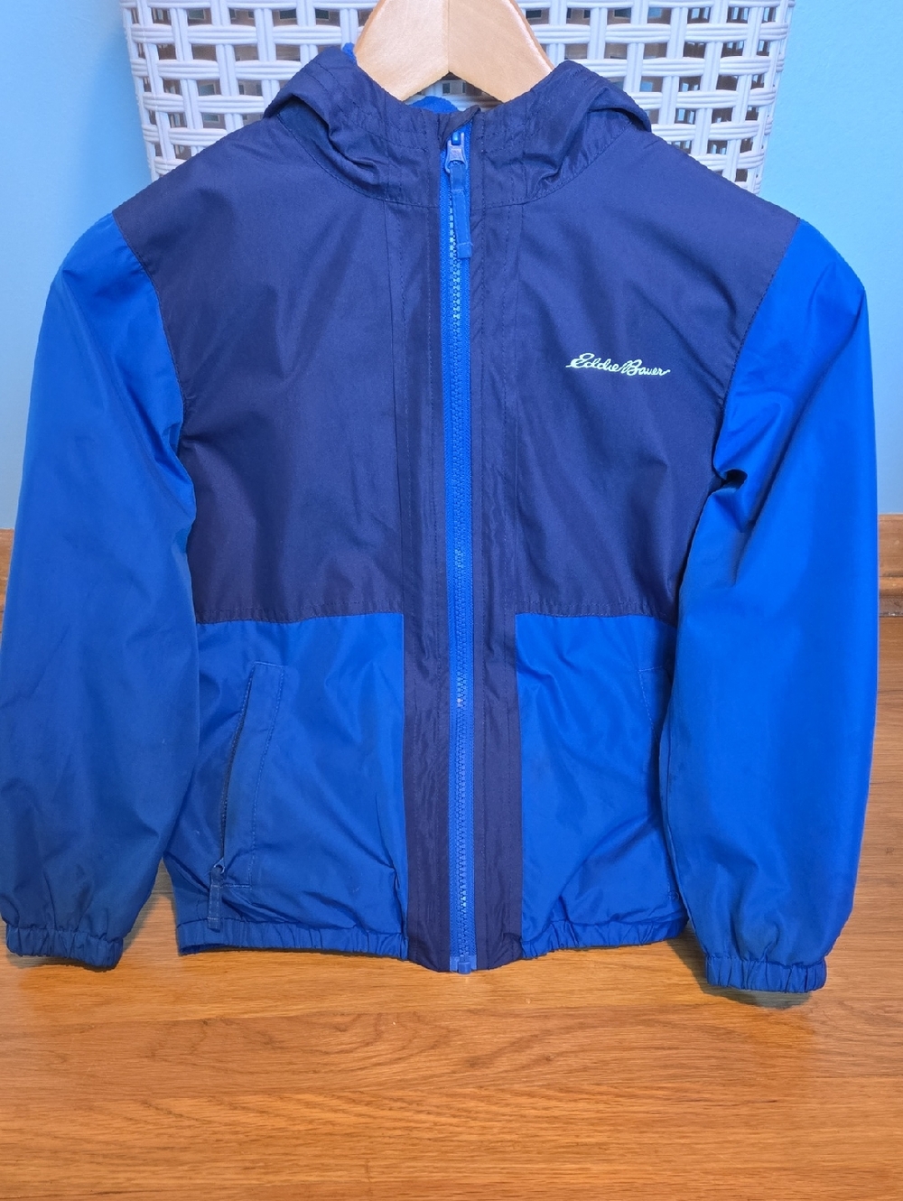 Eddie Bauer Navy and Bright Blue Colorblock Hooded Windbreaker